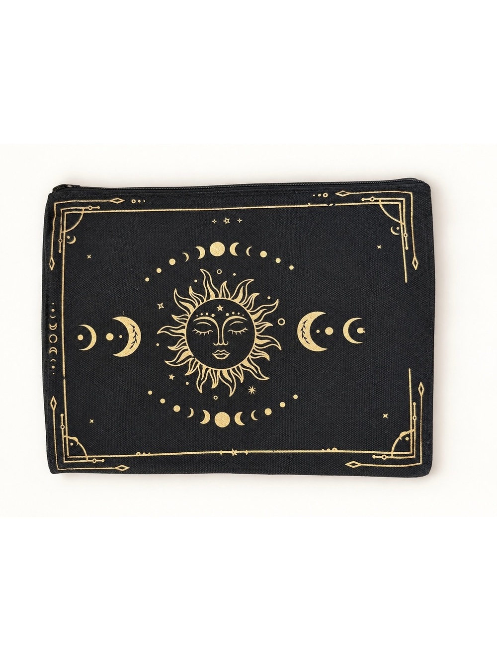 Black & Gold Celestial Zipper Pouch — New Sun Face & Moon Phases